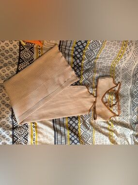 Lost + Wander Ribbed Knit Two-Piece Set in Beige with Brown Trim